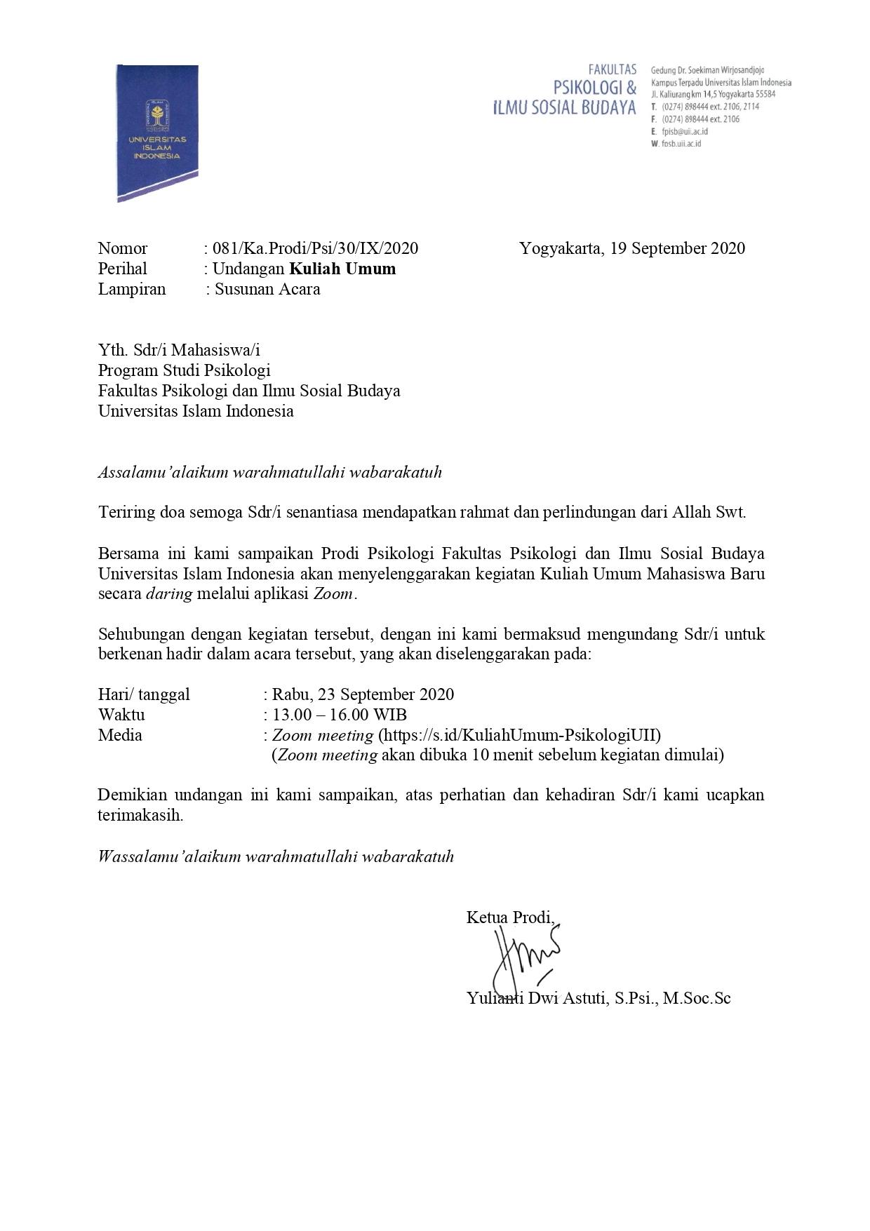 KULIAH UMUM MAHASISWA PSIKOLOGI UII 2020
